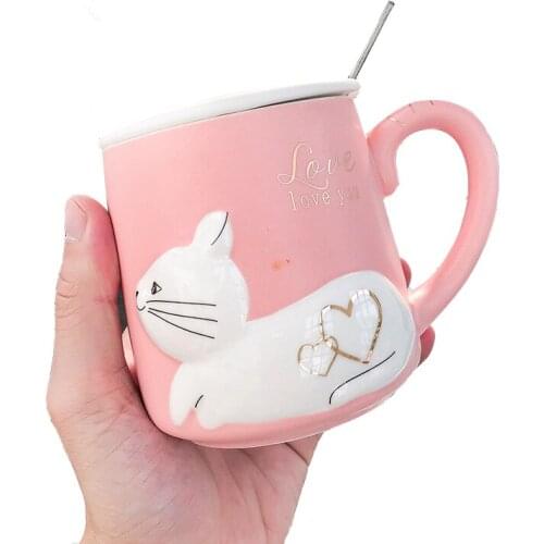 Creative 3D Cat Ceramics Mugs Pink Blue Cute Cat With Lid Spoon Mug Sets Couple Coffee Milk Tea Mugs Breakfast Cup Drinkware