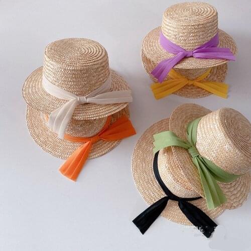 Summer girls fashion bowknot Flat straw hats children casual holiday sunhat