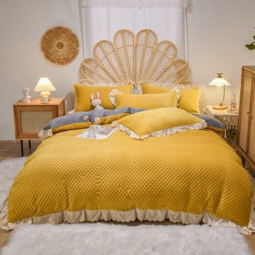 Lemon Yellow Soft Plush Fleece Winter Bedding Set Duvet Cover Bed Linen Fitted Sheet Pillowcases Home textiles Bedclothes