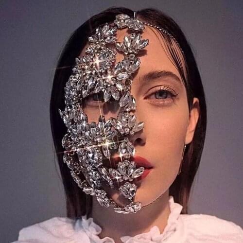 Fashion Halloween Half Face Mask Rhinestone Jewelry for Women Bling Silver Color Leaf Facemask Crystal Halloween Dance Jewelry
