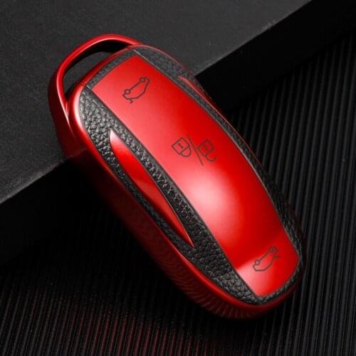Fashion Style 1Pcs Car Key Case Cover Leather+TPU Key Shell Storage Bag Protector for Tesla Model S Model 3 Model X Model Y