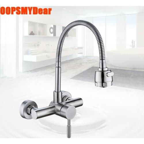 Wall Mount Kitchen Sink Faucet Hot Cold Mixer Tap Dual Hole Single Handle Stainless Steel Kraan Brush Nickel Modern Torneiras