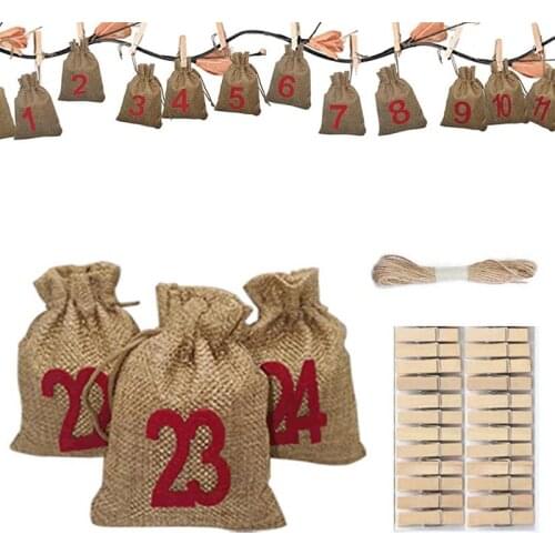 Christmas Advent Calendar Set 24-Day Christmas Countdown Bags Gift Bags Drawstring Candy Pouch Christmas Ornament
