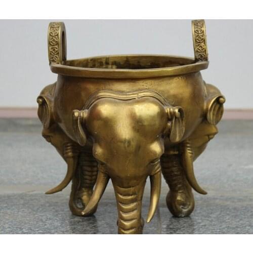 Wholesale factory Folk China Brass Auspicious JiXiang 3 Elephant Head Statue Incense Burner Censer 25% off