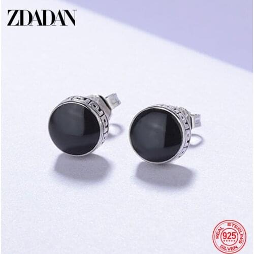 ZDADAN 925 Sterling Silver 8mm Black Round Stud Earring For Women Fashion Wedding Jewelry Party Gift