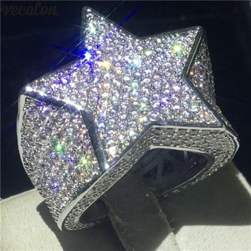 Vecalon Big Star Male Hiphop ring White Gold Filled 500pcs AAAAA Cz Party Anniversary band rings For men Rock Finger Jewelry