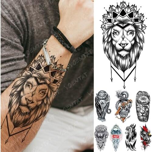 Waterproof Temporary Tattoo Sticker Lion Crown Tiger Dragon Tattoos King Wolf Skull Body Art Arm Fake Sleeve Tatoo Women Men