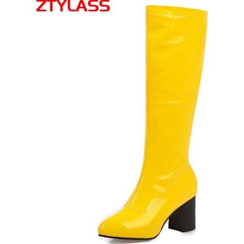 2021 Autumn Women Boots Fashion Patent Leather Square High Heel Knee High Boots Autumn Winter Zipper Long Boots Shoes