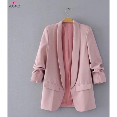 2021 Summer Autumn Elegant Women Workwear Pink Blazer Three Quarter Sleeve Regular Fit Minimalist Office Ladies Blazer