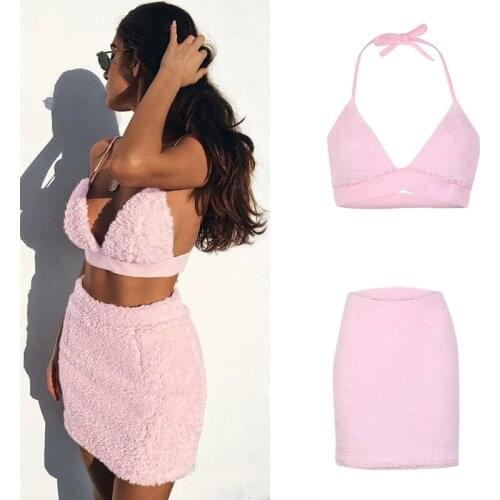 Women Sexy Plush Fluffy Clothes Set Ladies Camisole Bra Top + Mini High Waist Skirt Set Cocktail Evening Party Clubwear