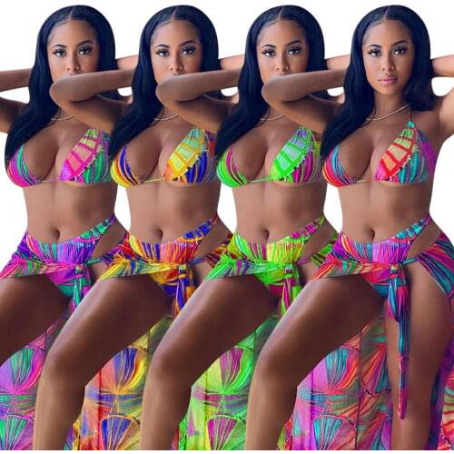 Swimwear Woman Swimsuit Sexy Bikini 2021 New Cover Up Push Up Bikini Set Bathing Suit Women Floral Print Beachwear 3 Piece Suit