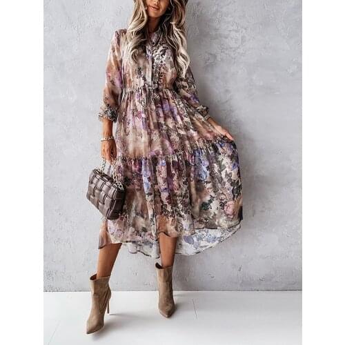 Floral Print V Neck Long Shirt Dress Women Autumn Long Sleeve A Line Irregular Ruffles Dress OL Lady Vintage Maxi Dress 2021 New