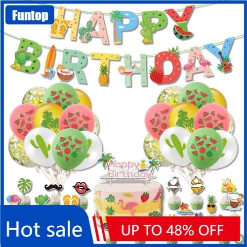 1Set Hawaiian Tropical Confetti Latex Balloons Bunting Letter Cake Card Ribbon Happy Birthday Beach Backdrop Party Decorations