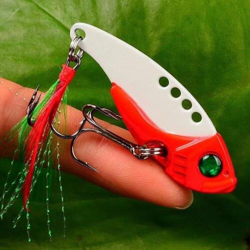 1pc Fishing Bait 5.5cm/11g Metal VIB Spoon Hard Sequin Lures Fishing Lures with 6# Green Feather Hook Jigging Fishing Tackle