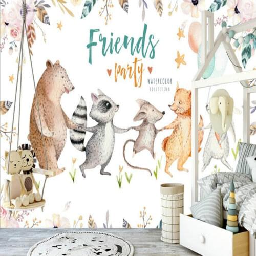 3d Wallpaper for Living Room Home Improvement Hand Painted Watercolor Cartoon Animals Wall Painting Mural Silk Paper