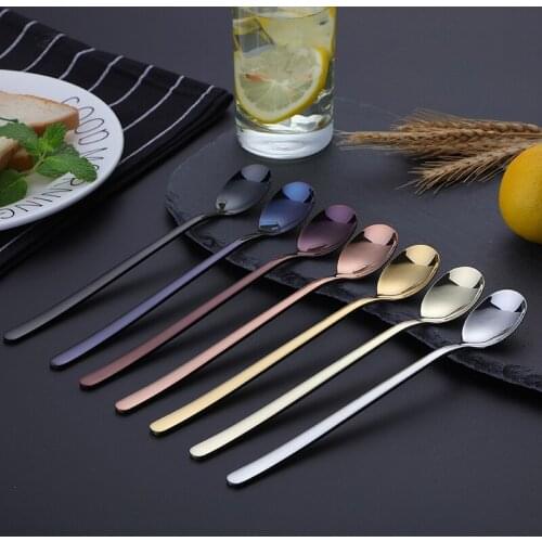 Elegant 19.5cm Stainless Steel Titanium Ice-Cream Scoop Long Handle Mixing Spoon Ice Scoop Round Head Spoon Dinnerware 6pcs/set