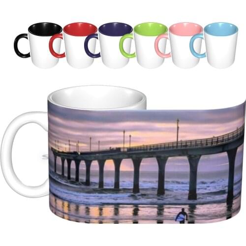 Lone Surfer Ceramic Mugs Coffee Cups Milk Tea Mug Surfing Surfer Waves Sea Ocean Beach Pier Sunset Colours Reflections Solo