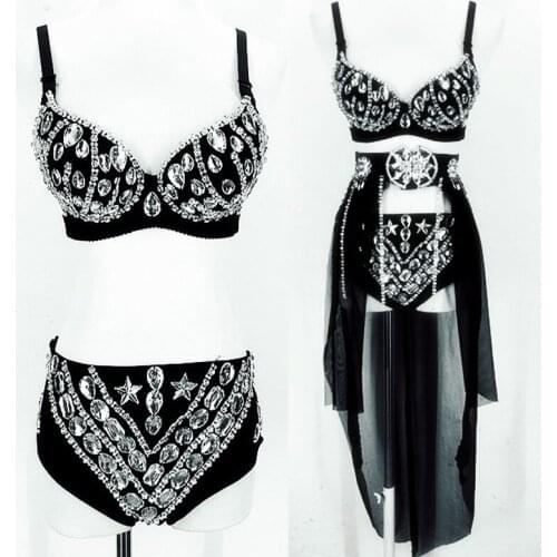 Sexy Lingerie Rhinestones Bikini Outfit Women Bling Bra Short Costumes Stage Dance Clothing Set Party Birthday Dresses DNV10019