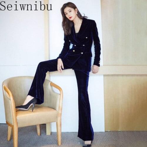 Royal Blue Velvet Jacket+Pants Formal Elegant Pants Suit Womens Business Suits Slim Fit Female Office Uniform 2 Piece Set Custom
