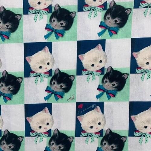 Beautiful Cartoon Cats Cotton Fabric White/Green Square Cat Head&Bow Printing Cloth Patchwork Sewing Material Diy Baby Dress