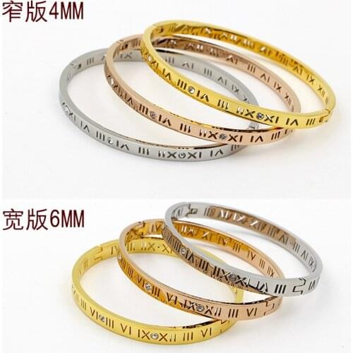 Fashion Stainless Steel 4MM 6mm Hollow Roman Numerals Crystal Bracelet Bangle Rose Gold Color Christmas Women Party Gift