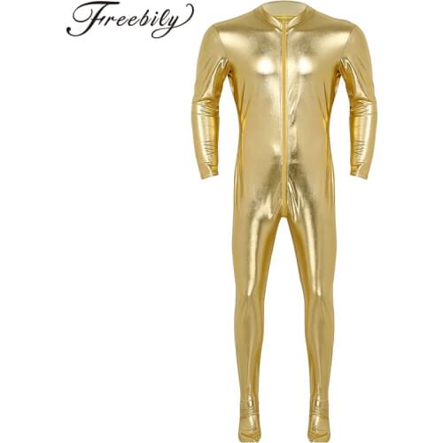 Mens Metallic Spandex Bodysuit Lycra Shiny Catsuit Sexy Unisex Zentai Full Body Suit Costume Clubwear Wet Look One Piece Unitard