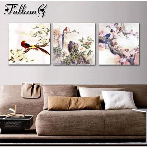 FULLCANG 5d diy diamond embroidery Abstract flowers and birds triptych painting full square round mosaic pattern kit FC2832