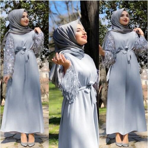 2021 New Arab Dress Muslim Fashion Tassel Sequin Splicing Long Sleeve Dress Cross Border Girls Clothes Gray