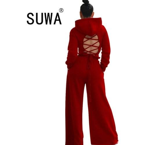 Solid Plus Size Sportswear Tracksuit Womens Suit Cross Lace Up Hooded Long Sleeve Crop Top Wide Leg Pant Casual Female Outfits