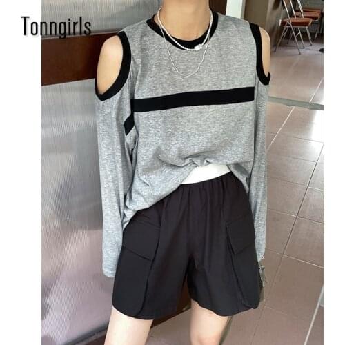 Tonngirls Off Shoulder Long Sleeve T Shirt Women Korean Style Patchwork Hollow Out Tee Shirts Loose Oversize Tops Casual 2021
