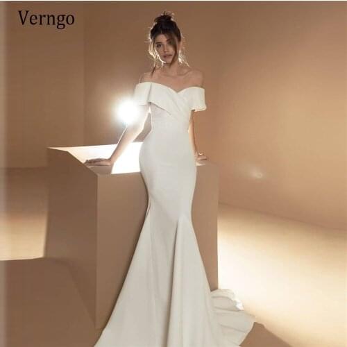 Verngo Sexy Off Shoulder Mermaid Wedding Dresses Short Sleeves Soft Satin Bride Dress Blush Train Simple 2021 Bridal Gowns