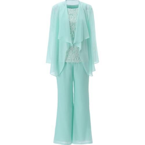 Mother of the Bride Dresses Elegant Grey Lace Chiffon Long Sleeves 2020 Pantsuit 3 Pieces Plus Size Wedding Party Guest Gown