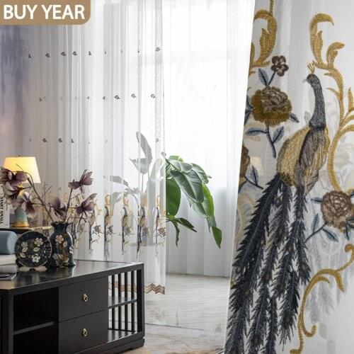 Chinese Style Curtains for Living Dining Room Bedroom Classical Peacock Embroidered Tulle Curtains Embroidered Window Curtains
