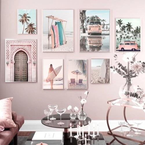 Sunny Beach Bus Surf Palm Trees Wall Art Canvas Painting Nordic Posters And Prints Landscape Wall Pictures For Living Room Decor