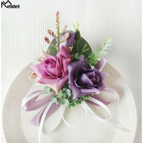 Meldel Wedding Corsage and Boutonnieres Bridesmaids Wrist Corsage Girl Bracelet Groom Boutonniere Flower Purple Rose Brooch Pins