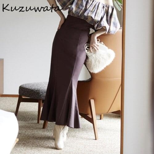 Kuzuwata 2021 Autumn New Women Jupe Vintage Style Faldas Solid High Waist Slit slim Folds Ruffle Ankle-Length Mermaid Skirts