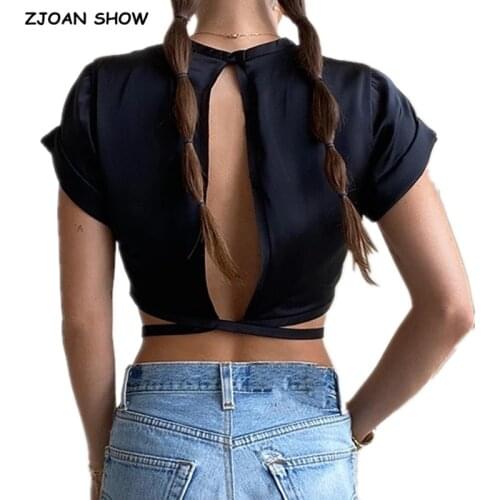 Harajuku Lacing up Bandage Satin T-shirt Woman Short Sleeve Crop Tops Tees Hollow Out Backless T Shirt Y2K Streetwear