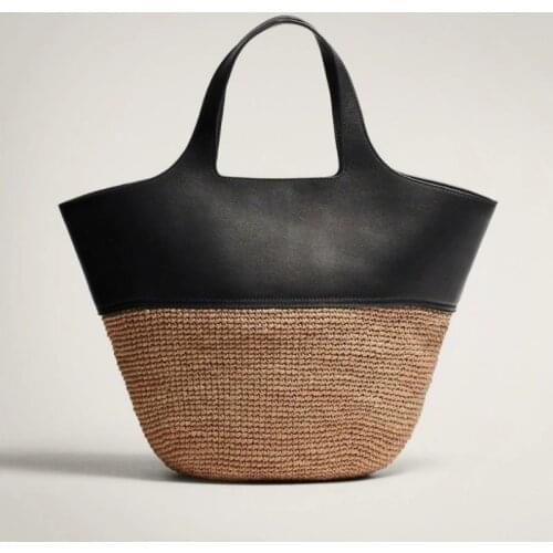 Women Leather Fashion Bags Handbag Patchwork Ladies Large Capacity Vintage Knitted Weave Bucket Bag Summer Bohemia Beach Tote