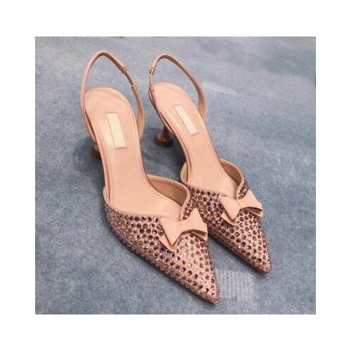 Moraima Snc Crystal Butterfly-knot High Heel Shoes Spring Summer Pointed toe Women Thin Heels Shoes Party Wedding Heels