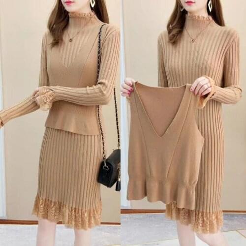 Women winter Dress Set 2020Spring Autumn V-neck Tricot Vest Bottoming Sweater Tops+Turtleneck Lace Knitted Dress Two-piece Set
