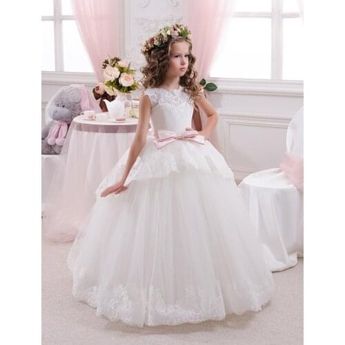 Princess White Tulle Lace Tutu Ball Gown Long Flower Girl Dresses 2017 Girls First Communion Birthday Dresses vestido de daminha