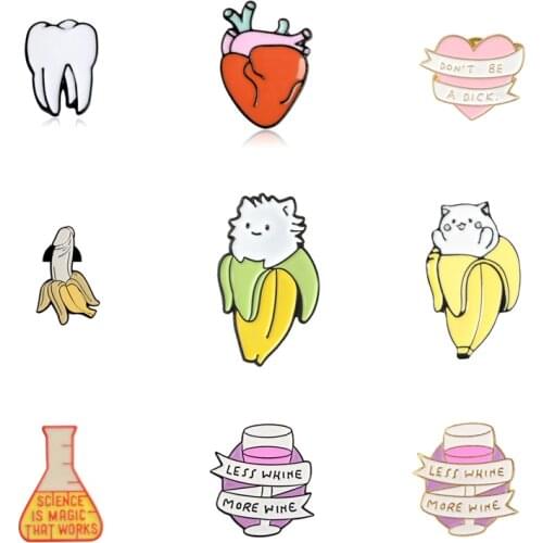2019 Cartoon enamel Brooches fashion wine glass cup banana cat teeth heart button badge pin bag shirt jewelry gifts for kids