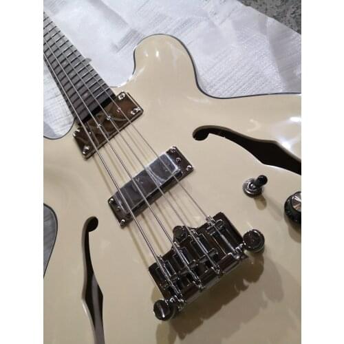 Free shipping custom 4 string bass guitar,semi hollow,maple body,cream yellow bass, maple frets,35 Bass