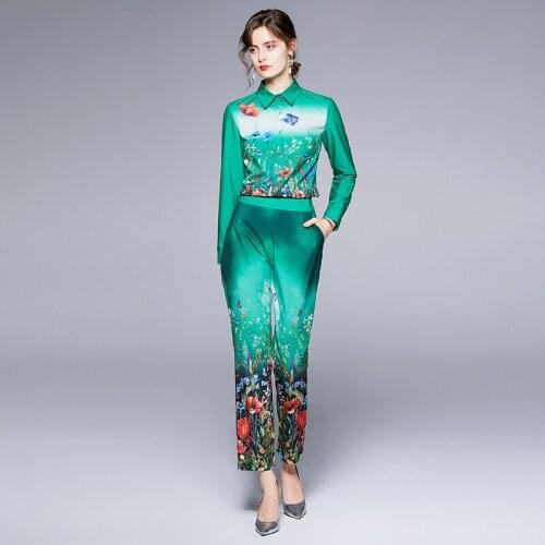JSXDHK Fashion Runway Summer Green 2 Piece Trousers Set Womens Lapel Collar Flower Print Shirt Tops + Pencil Pocket Pants Suits