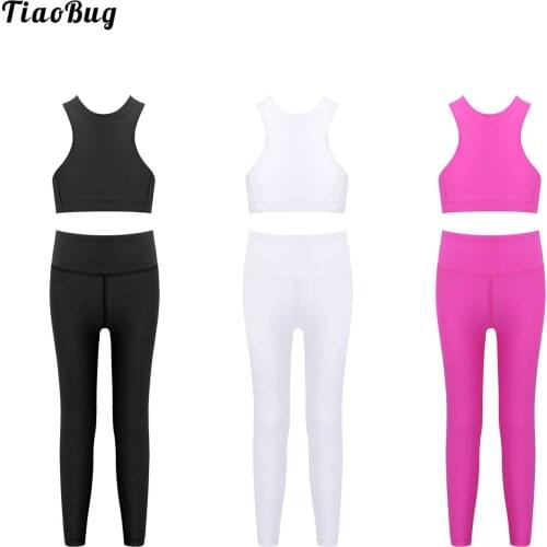 TiaoBug Summer 2Pcs Kids Girls Sportswear Stand Collar Sleeveless Racer Back Cropped Top Vest Pants Set For Running Yoga Fitness