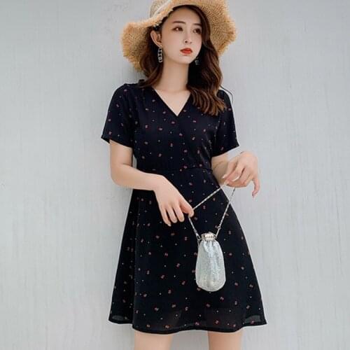 Fashion Floral Print Dress V-Neck Elegant Women Casual Lace Up Short Sleeve Dress