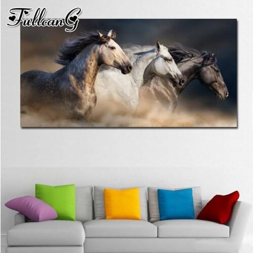 FULLCANG Three horses animals large diamond painting 5d diy full square round mosaic embroidery kits wall decoration FC3683