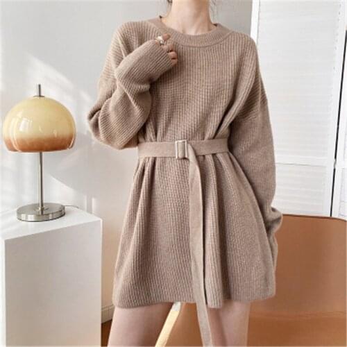 Autumn Spring Mid-length Sweater Dress with Sashes New Korean Round Neck Elegant Knitted Sweater Dress