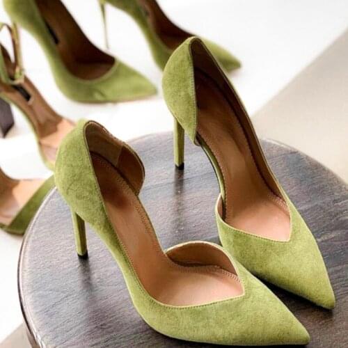 Fall Pointed Toe Low-Cut Shoes Womens Elegant Side Empty Womens Shoes Mid Heel Suede Green High Heels