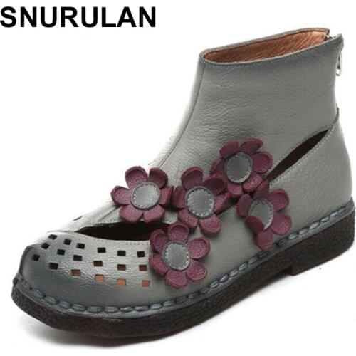 SNURULAN 2018 Spring Retro Flower Hollow The First Layer of Leather Boots Elegant Comfortable Ankle Boots Soft Fashion Shoes